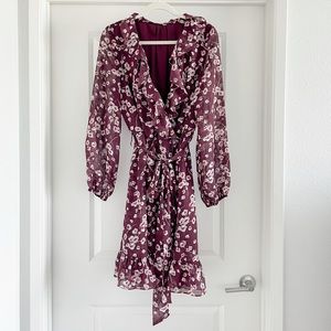 Plum 3/4 Sleeve A-Line Belted Dress